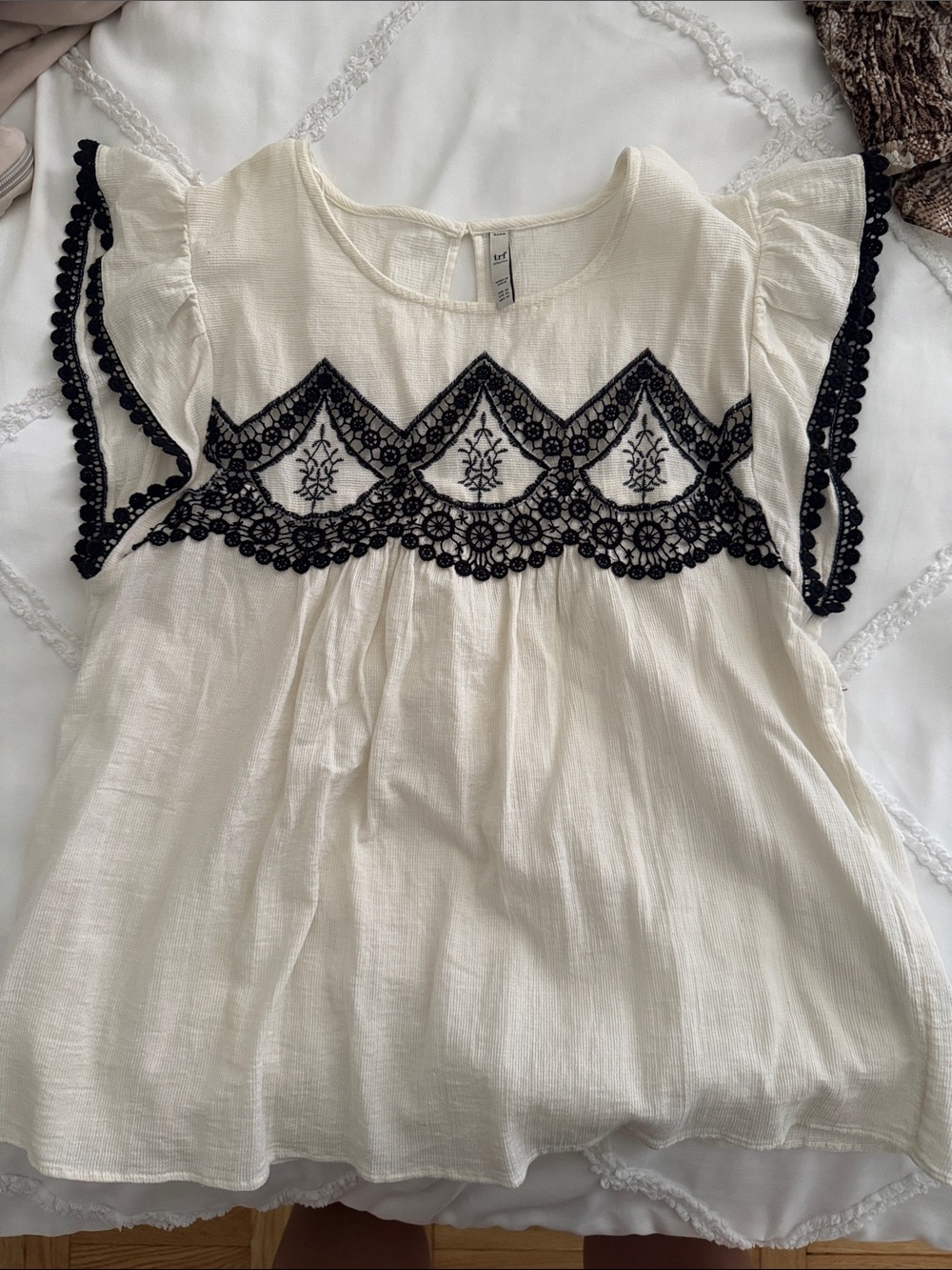 Zara Cream Blouse with Black Lace Trim